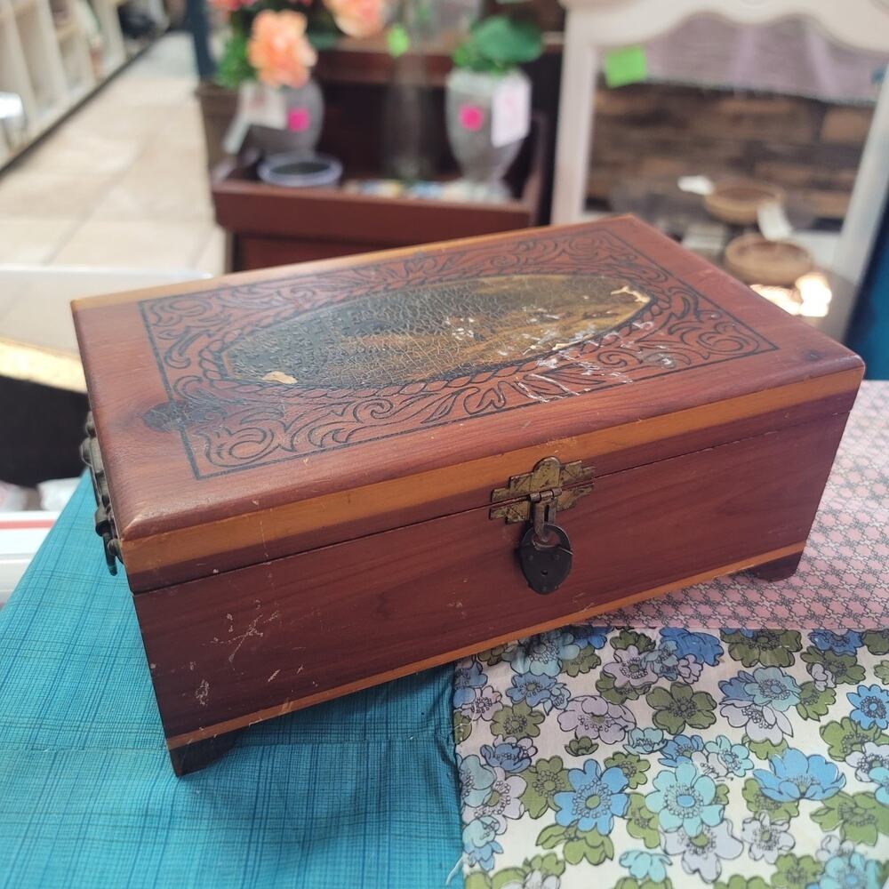 Vintage cedar chest jewelry stash box decorative top footed
